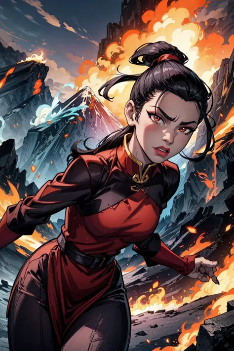 thick outlines, comics, photorealistic, perfect hands, masterpiece:1.2, colorful, volcanic mountain, fire, 1 girl, solo, dynamic pose, <lora:Azula:0.7>, black hair, red dress, chinese dress, long sleeve, pants, lipstick, makeup, ponytail, topknot, small breast, detailed background, detailed face, detailed eyes, <lora:add_detail:0.8>