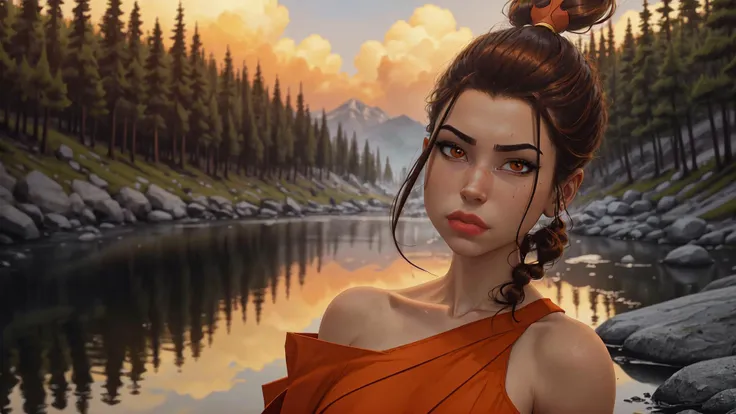 fire, azula,, rocks, particles, sunset, foliage, nature, trees, full body, thick thighs, thick lips, smug, cos, narrow waist, (perspective:1.2), face, 1girl, solo, (pigtails, orange eyes, bare shoulders, collarbone, looking at viewer, brown hair, upper body:1.2), (reflections:1.2), (outdoors background:1.3), (masterpiece:1.2, best quality), (real picture, intricate details), (1girl:1.0) ,solo, (shiny skin:1.1), model posture, big breasts, <lora:omar-dogan-968it-novae:0.75> <lora:samdoesart-(sam-yang)-1613it-novae:0.65> <lora:azulaAvatarTheLast_v10:1>