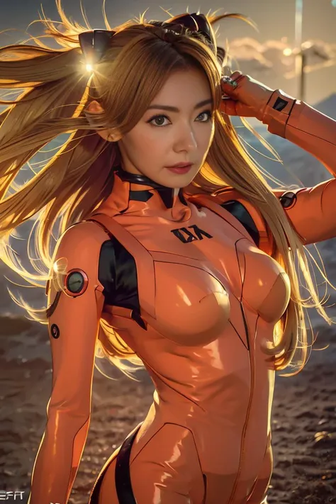 (best quality,8k:1.2,high resolution:1.2),ultra-detalhado,Realistic,retro science female,static pose,long hair,rosto extremamente detalhados,long eyelashes,all sheer light brown leotard de nylon Apertado,all light orange pantyhose, beige gloves,orange Glossy metalic accessories,Physically-based rendering,foco nítido,studio lighting