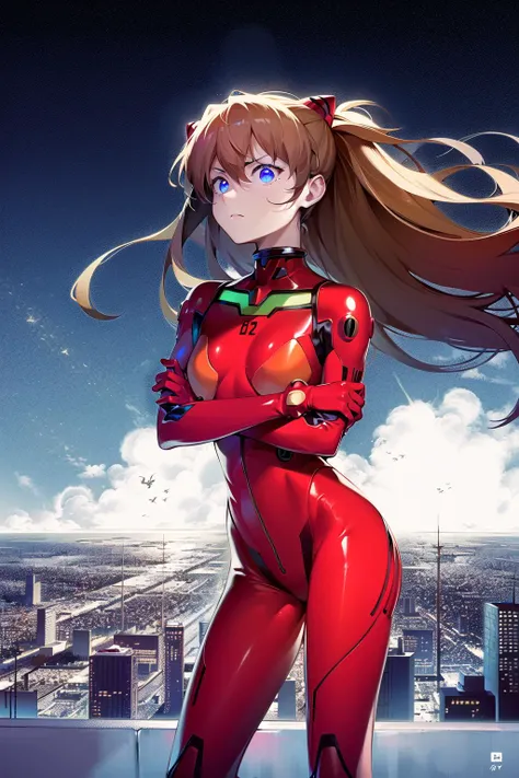 ((masterpiece,best quality, detailed)), full body, full moon, souryuu asuka langley, interface headset, red bodysuit, cool, (Detailed eye description), (grim expression),crossed arms,skyscraper, city, looking away, star sky, cyberpunk, neon lights, night sky,  rooftop