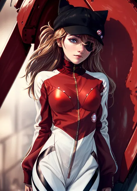 ltra realistic 8k cg, masterpiece, ((ultra detailed background, delicate pattern, intricate detail)), (highly detailed, fine details,), (beautiful detailed face and eyes and hair:1.1) ,1girl, souryuu asuka langley, medium breast, red jacket, bodysuit under clothes, cat hat, red bodysuit, eyepatch, cowboy shot, full body, <lora:AsukaV1-000016:0.85>