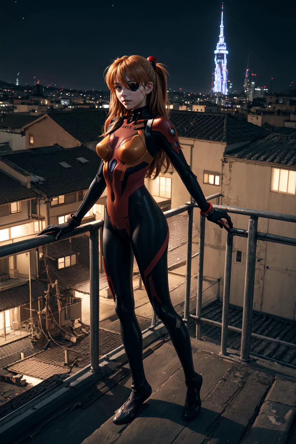(masterpiece, best quality, detailed), 1girl, solo, outdoors, full body, night, cityscape, rooftop, railing, standing,
souryuu asuka langley, interface headset, two-toned bodysuit, eyepatch <lora:AsukaLangleySouryuuV2-000015:1> <lora:more_details:0.5>