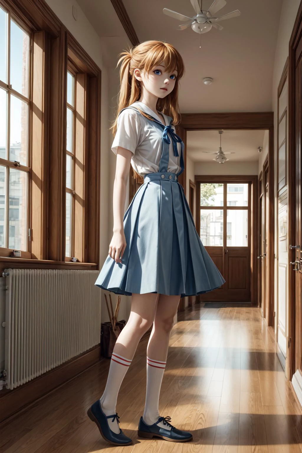 (masterpiece, best quality, detailed), 1girl, solo, indoors, window, blue sky, hallway,
souryuu asuka langley, interface headset, suspender skirt, red ribbon, white shirt, school uniform, socks, shoes <lora:AsukaLangleySouryuuV2-000015:1> <lora:more_details:0.5>