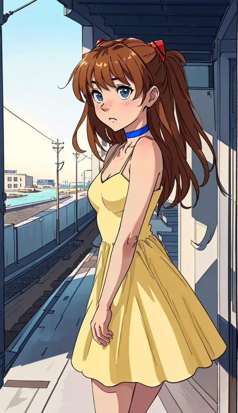 masterpiece, best quality, high resolution, ultra-detailed, illustration, 8K-Illustration, Hyper Detailed, Depth Of Field, 1girl, embarassed, blushing, looking at viewer, photorealistic, realistic, view from side, perfect anime illustration, (RAW photo, 8k uhd, film grain), caustics, subsurface scattering, medium chest, embarassed, blushing, souryuu asuka langley, interface headset, blue choker, yellow dress, red footwear,<lora:asukaLangleySouryuu_v1:0.7><lora:asukaLangleySouryuu_v1:0.7>