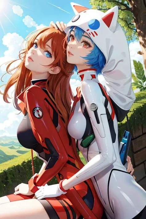 hills,
AND ayanami_rei,plugsuit,bodysuit,interface headset,white bodysuit,red eyes,blue hair,<lora:ayanami_rei:0.9>,
AND souryuu asuka langley,interface headset,red bodysuit,multicolored bodysuit,blue eyes,<lora:AsukaLangleySouryuuV2:0.6>
