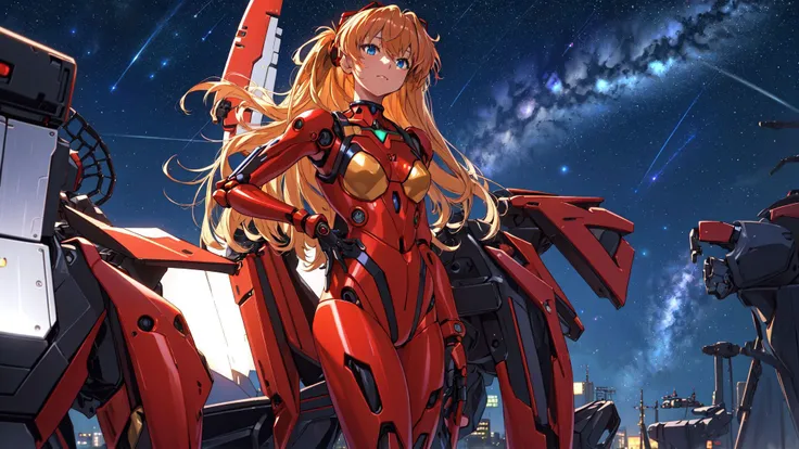 ((masterpiece,best quality, detailed)),1girl,solo,cowboy shot,outdoors,night,cityscape,starry sky,<lora:AsukaV1-000016:0.5>,souryuu asuka langley,red bodysuit,interface headset,<lora:A-Mecha-REN:1.5>,(mecha musume, mechanical parts, robot joints, full armor),<lora:A-Mecha-REN[color_theme,mecha musume, mechanical parts, robot joints,headgear,full armor]:1>,