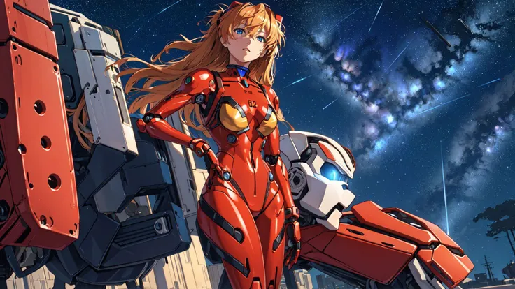 ((masterpiece,best quality, detailed)),1girl,solo,cowboy shot,outdoors,night,cityscape,starry sky,<lora:AsukaV1-000016:0.5>,souryuu asuka langley,red bodysuit,interface headset,<lora:A-Mecha-REN:1.5>,(mecha musume, mechanical parts, robot joints, full armor),<lora:A-Mecha-REN[color_theme,mecha musume, mechanical parts, robot joints,headgear,full armor]:1>,