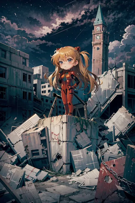 souryuu asuka langley, interface headset, red bodysuit, depressed, sad, sitting on top a building, post apocalypse, destroyed tokyo, tokio, (night:1.3) Ruined building, Ruinedarchi