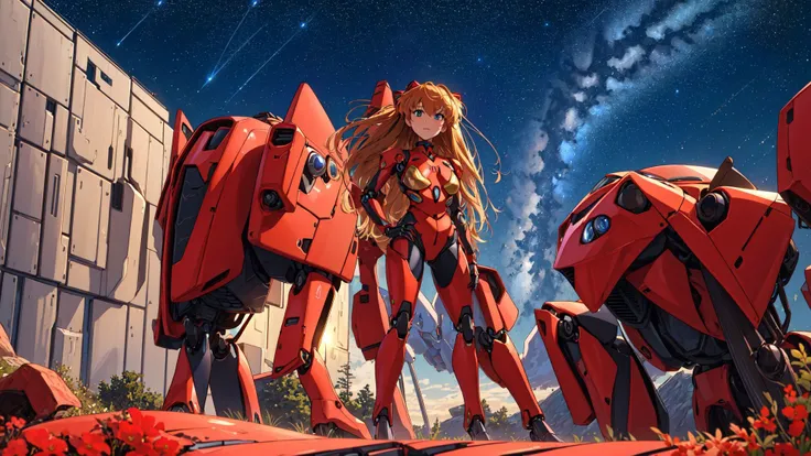 ((masterpiece,best quality, detailed)),1girl,solo,cowboy shot,outdoors,night,cityscape,starry sky,<lora:AsukaV1-000016:0.5>,souryuu asuka langley,red bodysuit,interface headset,<lora:A-Mecha-REN:1.5>,(mecha musume, mechanical parts, robot joints, full armor),<lora:A-Mecha-REN[color_theme,mecha musume, mechanical parts, robot joints,headgear,full armor]:1>,
