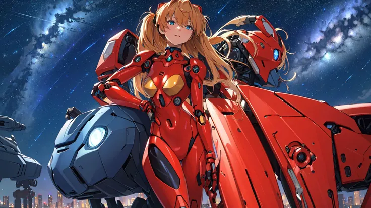 ((masterpiece,best quality, detailed)),1girl,solo,cowboy shot,outdoors,night,cityscape,starry sky,<lora:AsukaV1-000016:0.5>,souryuu asuka langley,red bodysuit,interface headset,<lora:A-Mecha-REN:1.5>,(mecha musume, mechanical parts, robot joints, full armor),<lora:A-Mecha-REN[color_theme,mecha musume, mechanical parts, robot joints,headgear,full armor]:1>,