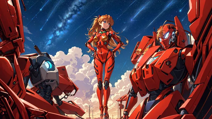 ((masterpiece,best quality, detailed)),1girl,solo,cowboy shot,outdoors,night,cityscape,starry sky,<lora:AsukaV1-000016:0.5>,souryuu asuka langley,red bodysuit,interface headset,<lora:A-Mecha-REN:1.5>,(mecha musume, mechanical parts, robot joints, full armor),<lora:A-Mecha-REN[color_theme,mecha musume, mechanical parts, robot joints,headgear,full armor]:1>,