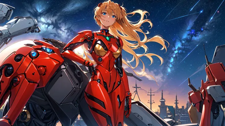 ((masterpiece,best quality, detailed)),1girl,solo,cowboy shot,outdoors,night,cityscape,starry sky,<lora:AsukaV1-000016:0.5>,souryuu asuka langley,red bodysuit,interface headset,<lora:A-Mecha-REN:1.5>,(mecha musume, mechanical parts, robot joints, full armor),<lora:A-Mecha-REN[color_theme,mecha musume, mechanical parts, robot joints,headgear,full armor]:1>,