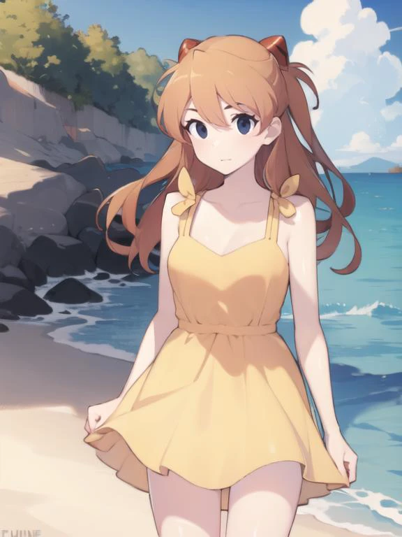 masterpiece, best quality, <lora:FizintineStyle-02:1.2>, fizstyle, <lora:breastsizeslideroffset:-0.1>, <lora:AsukaLangleySouryuuV2:1> , souryuu asuka langley, yellow sundress, beach