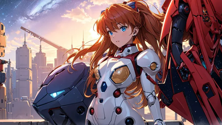 ((masterpiece,best quality, detailed)),1girl,solo,cowboy shot,outdoors,night,cityscape,starry sky,<lora:AsukaV1-000016:0.5>,souryuu asuka langley,red bodysuit,interface headset,<lora:A-Mecha-REN:1.5>,(mecha musume, mechanical parts, robot joints, full armor),<lora:A-Mecha-REN[color_theme,mecha musume, mechanical parts, robot joints,headgear,full armor]:1>,