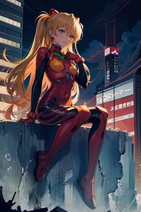 ((masterpiece,best quality, detailed)), full body, night, cityscape, souryuu asuka langley, interface headset, multicolored bodysuit, eyepatch