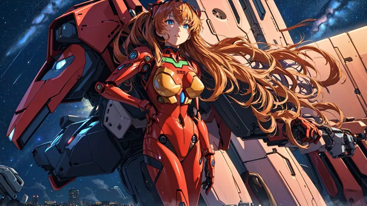 ((masterpiece,best quality, detailed)),1girl,solo,cowboy shot,outdoors,night,cityscape,starry sky,<lora:AsukaV1-000016:0.5>,souryuu asuka langley,red bodysuit,interface headset,<lora:A-Mecha-REN:1.5>,(mecha musume, mechanical parts, robot joints, full armor),<lora:A-Mecha-REN[color_theme,mecha musume, mechanical parts, robot joints,headgear,full armor]:1>,