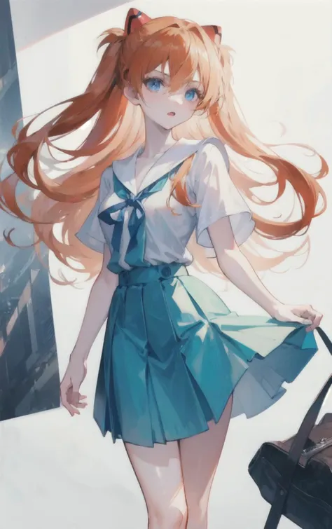 (masterpiece, 4k, 8k, ultra hires, exremely detailed, good shadow, good light, deep shadow, unreal, high resolution, ultra detailed, best quality, ultra high res, visually stunning, beautiful, award-winning art, best quality, stunningly beautiful:1.2),<lora:Asuka:1.3>,(souryuu asuka langley),interface headset,suspender skirt,red ribbon,white shirt,(school uniform),socks,shoes,<lora:moreDetail:0.5>,1girl,orange hair,blue eyes,long hair,sunlight,detailed eyes,hair between eyes,messy hair,(cowboy_shot),