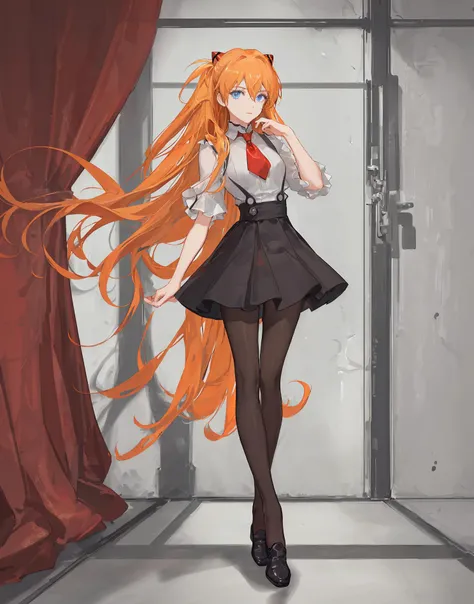(masterpiece, 4k, 8k, ultra hires, exremely detailed, good shadow, good light, deep shadow, unreal, high resolution, ultra detailed, best quality, ultra high res, visually stunning, beautiful, award-winning art, best quality, stunningly beautiful:1.2),<lora:Asuka:0.8>,(souryuu asuka langley),interface headset,1girl,orange hair,blue eyes,long hair,detailed eyes,hair between eyes,messy hair,1girl,solo,orange hair,dress,leggings,black_pantyhose,dynamic pose,looking_at_viewer,narrow waist,slim legs,black_loafers,blue eyes,naughty_face,