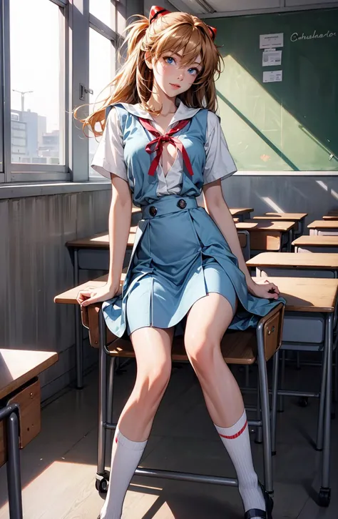 NSFW,a cute girl,perfect face, small breasts,detailed background,extremely detailed cg unity 8k wallpaper,ultra highres,<lora:GoodHands-vanilla:1>, <lora:add_detail:0.6>, <lora:AsukaLangleySouryuuV2-000015:1>,souryuu asuka langley, interface headset, suspender skirt, red ribbon, white shirt, school uniform, socks, shoes,classroom,