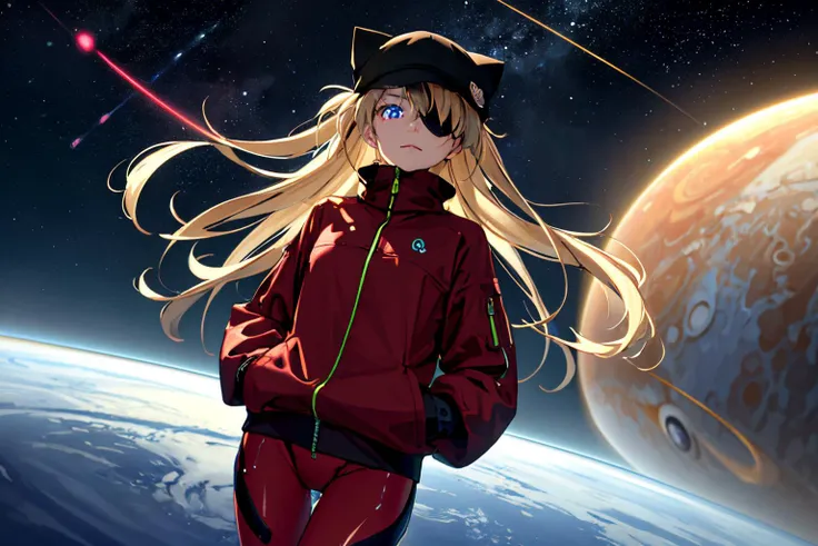 ((masterpiece,best quality, detailed,)), 1girl, solo, cowboy shot, floating above planet,(Saturn1.3), Jupiter, EVA, depth of field,(glowing eyes:1.2),neon details,glowing body, night,starry sky, <lora:AsukaV1-000016:0.5>souryuu asuka langley, red unzipped jacket, cat hat, red bodysuit, eyepatch, hands in pockets,