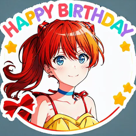 happy birthday,1girl, smile, happy,<lora:happy-birthday-000016:0.7> ,portrait,  <lora:AsukaV1-000016:0.4>, souryuu asuka langley,, interface headset, blue choker, yellow dress, red footwear