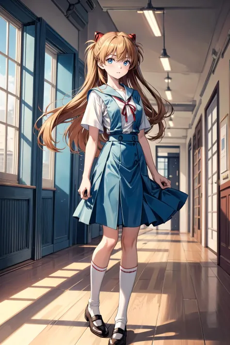 (masterpiece, best quality, detailed), 1girl, solo, indoors, window, blue sky, hallway,
souryuu asuka langley, interface headset, suspender skirt, red ribbon, white shirt, school uniform, socks, shoes  <lora:AsukaLangleySouryuuV2-000015:1>  <lora:more_details:0.5>