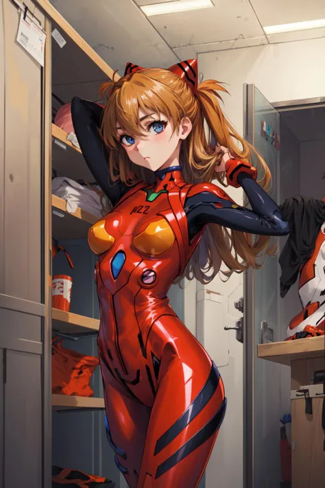 masterpiece,best quality,1girl,souryuu asuka langley,interface headset,red bodysuit,expressionless,(adjusting clothes),changing room,<lora:AsukaLangleySouryuuV2:0.8>,