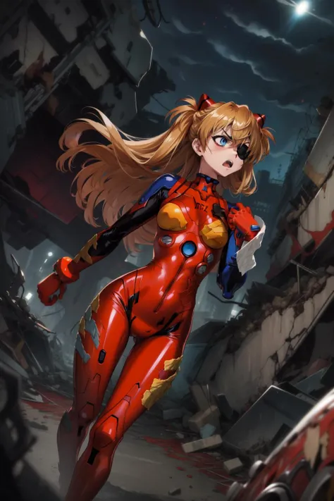 masterpiece,best quality,1girl,souryuu asuka langley,interface headset,red bodysuit,(tape),eyepatch,angry,fist,wasteland,<lora:AsukaLangleySouryuuV2:0.8>,