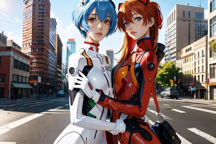 in the middle of the city,
AND ayanami_rei,plugsuit,bodysuit,interface headset,white bodysuit,red eyes,<lora:ayanami_rei:0.9>,
AND souryuu asuka langley,interface headset,red bodysuit,multicolored bodysuit,blue eyes,<lora:AsukaLangleySouryuuV2:0.6>