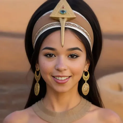 Photo of (ohwx woman) <lora:DakotaTyler:1> as an Egyptian queen, serpent headdress, golden serpent jewelry. pyramids, Egypt