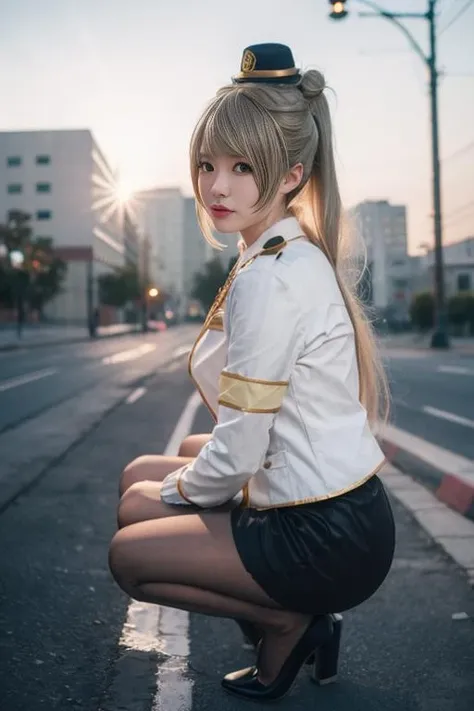 ultra-detailed,highly detailed,best quality,masterpiece,illustration,realistic, photo,photorealistic,
minami kotori, 1girl, solo,cosplay, looking at viewer, 
long hair,  blonde hair,bangs, side ponytail,single hair bun,
police uniform, policewoman, skirt, pantyhose, 
outdoors,photo background, dawn,factory,kneeing, lights, backlighting, 
 <lora:minami kotori_pol_v1_03:0.7>