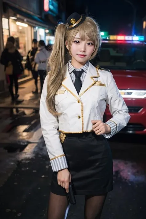 ultra-detailed,highly detailed,best quality,masterpiece,illustration,realistic, photo,photorealistic,
minami kotori, 1girl, solo,cosplay, looking at viewer,
long hair, blonde hair,bangs, side ponytail,single hair bun,
gloves, mini hat, pencil skirt, miniskirt, long sleeves, police uniform,
outdoors,photo background, police car, standing,salute,
<lora:minami kotori_pol_v1_03:0.7>