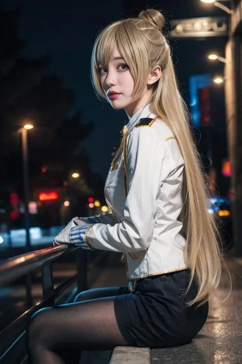 ultra-detailed,highly detailed,best quality,masterpiece,illustration,realistic, photo,photorealistic,
minami kotori, 1girl, solo,cosplay, looking at viewer,
long hair, blonde hair,bangs, side ponytail,single hair bun,
police uniform, policewoman, skirt, pantyhose,
outdoors,photo background, dawn,factory,sitting, lights, backlighting,
<lora:minami kotori_pol_v1_03:0.7>