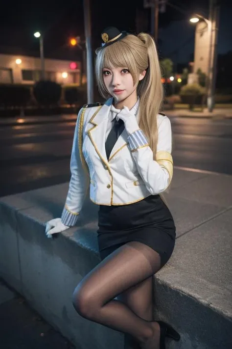 ultra-detailed,highly detailed,best quality,masterpiece,illustration,realistic, photo,photorealistic,
minami kotori, 1girl, solo,cosplay, looking at viewer, 
long hair,  blonde hair,bangs, side ponytail,single hair bun,
police uniform, policewoman, skirt, pantyhose, 
outdoors,photo background, dawn,factory,kneeing, lights, backlighting, 
 <lora:minami kotori_pol_v1_03:0.7>