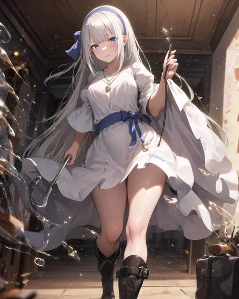 masterpiece, best quality, 1 girl, <lora:mylene_rafa_holfort:1>, mylene_rafa_holfort, sliver hair, long hair, blue hairband, hair_behind_ear, blue eyes, white long_dress, pendant, boot,