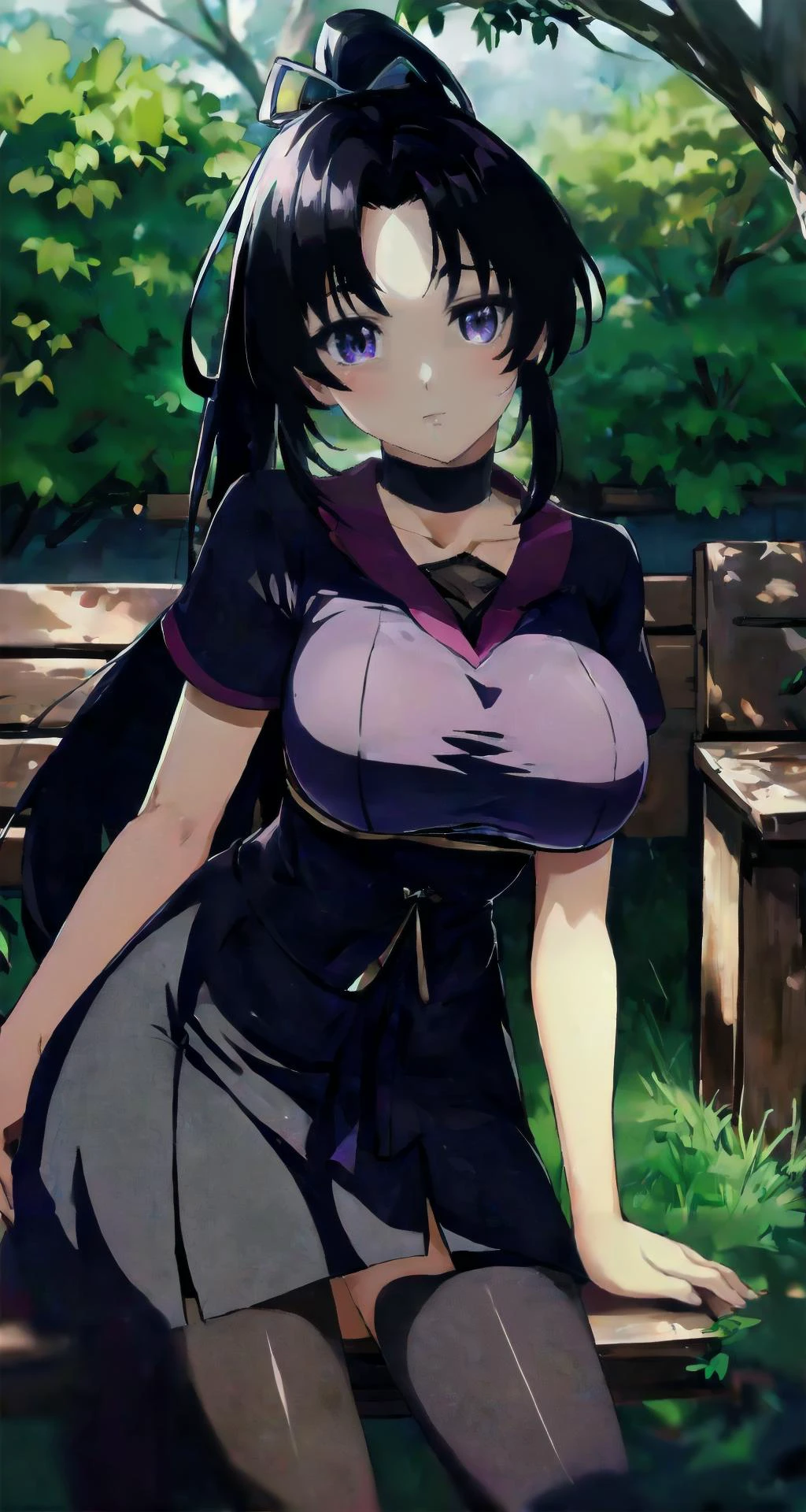 (best quality, masterpiece, perfect face, highest detailed face:1.10), <lora:shigure_kosakaV2:0.8> shigure kosaka, purple eyes, bangs, black hair, very long hair, ponytail, hair ribbon, choker, large breasts, <lora:starchasmnyx-LYCORIStest:1>,<lora:gardentestbritish-07:0.55> PleasantGarden , Lawn , Bushes , Bench , Fence, nice hands, perfect hands, (high contrast, official art, extreme detailed, highest detailed:1.10)