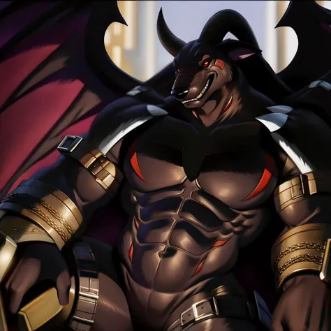 ((Um nu, Pumped male demon with the appearance of (lobisomem ou minotauro?)  yellow eyes dawns with red skin and a humanoid body with ugly features that shows its intimidating strength full of lust and malice showing its black tongue and sharp teeth drooling masturbating sitting with its thighs open looking in a way that seems challenging, intimidador, sem vergonha, luxuoso e sedutor, (part of penile heresion, head appearing and getting thick and hard so that your balls show satisfaction and relief with greater, bolas inferiores)), (there is another humanoid demon (lobisomem ou minotauro?) bombeado, but he has white skin, apart from his mouth, penetration between the groin, sucking the heresy on the penis, sexo gay, parecendo satisfeito, Boca aberta, Ofegante, tongue out) they covered his penis with their mouths