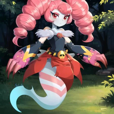 Highest quality, Highest resolution, Perfect details, Best anime style, forest setting, Fayemelina, 1girl, solo, long hair, skirt, belt, no humans, colored skin, claws, ghost, blue skin, fusion, ghost tail, pink hair, twin drills, full body, eyes,