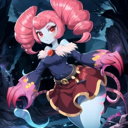 Highest quality, Highest resolution, Perfect details, Best anime style, forest setting, Fayemelina, 1girl, solo, long hair,skirt, belt, no humans, colored skin, claws, ghost, blue skin, fusion, ghost tail, pink hair, twin drills, medium breasts, ghost tail, attacking viewer, inside cave, rocks, glowing red eyes,