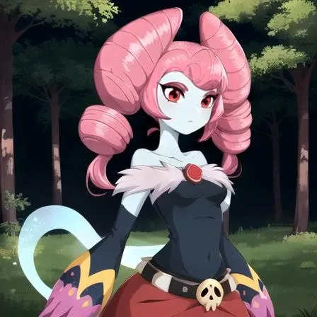 Highest quality, Highest resolution, Perfect details, Best anime style, forest setting, Fayemelina, 1girl, solo, long hair,skirt, belt, no humans, colored skin, claws, ghost, blue skin, fusion, ghost tail, pink hair, twin drills, medium breasts, ghost tail, focus on face, forest background,