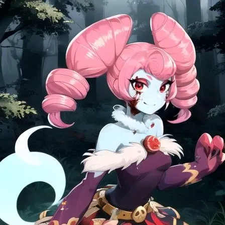 Highest quality, Highest resolution, Perfect details, Best anime style, forest setting, Fayemelina, 1girl, solo, long hair,skirt, belt, no humans, colored skin, claws, ghost, blue skin, fusion, ghost tail, pink hair, twin drills, medium breasts, ghost tail, focus on face, foggy forest background, red eyes, attacking, slashing claws through air, after effects, blood on face, deranged, smiling, horror