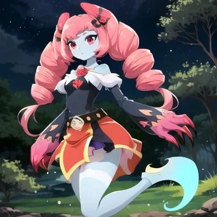Highest quality, Highest resolution, Perfect details, Best anime style, forest setting, Fayemelina, 1girl, solo, long hair, skirt, belt, no humans, colored skin, claws, ghost, blue skin, fusion, ghost tail, pink hair, twin drills, medium breasts, ghost tail,