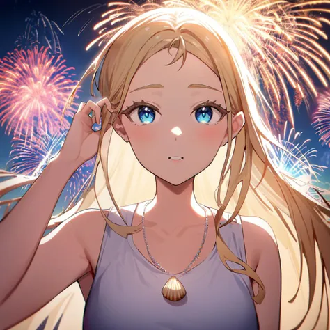 anime girl with blue eyes and blonde hair standing in front of fireworks