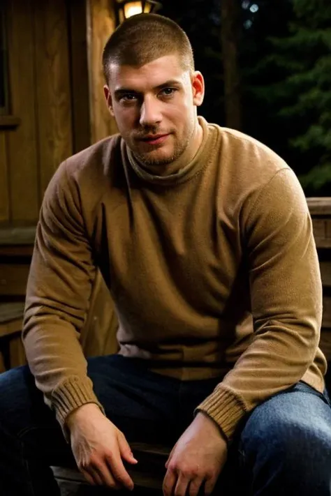 <lora:Stanislav_Yanevski:0.8> man sitting on the porch of a cabin in the woods, wearing a knitted sweater and jeans, brown hair, buzzcut, beard, goatee, at night, cinematic lighting