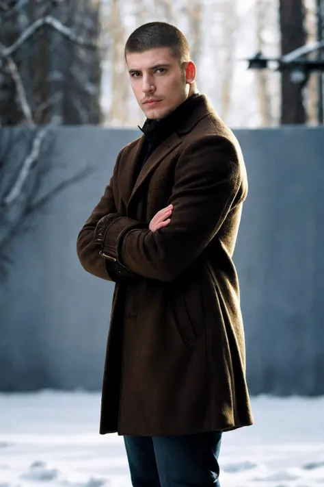 full body, dynamic pose, from the side <lora:Stanislav_Yanevski:0.8> photo of a man posing, blurred snowy outdoor background, light bokeh, relaxed confident expression, wearing a long dark brown wool overcoat, arms crossed, natural light, golden hour, wearing blue jeans, wearing boots