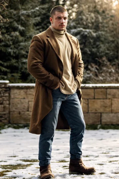 full body, dynamic pose, from the side <lora:Stanislav_Yanevski:0.8> photo of a man posing, blurred snowy outdoor background, light bokeh, relaxed confident expression, wearing a long dark brown wool overcoat, arms crossed, natural light, golden hour, wearing blue jeans, wearing boots