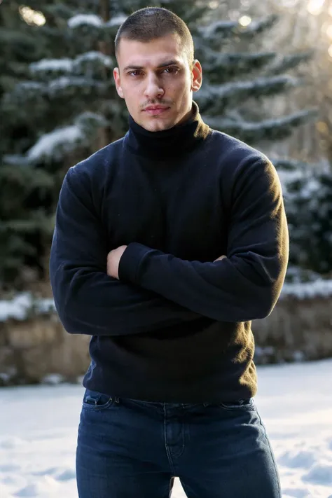 <lora:Stanislav_Yanevski:0.8> photo of a man posing, blurred snowy background, light bokeh, relaxed confident expression, wearing a black turtleneck, arms crossed, natural light, golden hour, wearing blue jeans