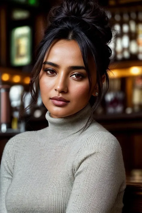 beautiful woman (Neh4Sh4rm4:.99), beautiful hair, (( High, sleek bun :1.2)), ((portrait)), (closeup:1.3), ((from the waist up)), (((sitting in an irish pub:1.2))), natural skin texture, ((turtleneck dress:1.2)), 24mm, 4k textures, soft cinematic light, adobe lightroom, photolab, hdr, intricate, elegant, highly detailed, sharp focus, ((((cinematic look)))), soothing tones, insane details, intricate details, hyperdetailed, low contrast, soft cinematic light, exposure blend, hdr, faded,