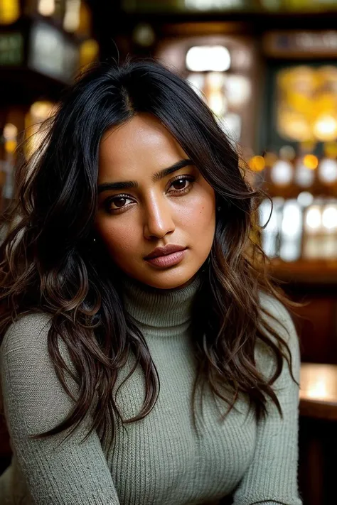 beautiful woman (Neh4Sh4rm4:.99), beautiful hair, (( Short, beachy waves :1.2)), ((portrait)), (closeup:1.3), ((from the waist up)), (((sitting in an irish pub:1.2))), natural skin texture, ((turtleneck dress:1.2)), 24mm, 4k textures, soft cinematic light, adobe lightroom, photolab, hdr, intricate, elegant, highly detailed, sharp focus, ((((cinematic look)))), soothing tones, insane details, intricate details, hyperdetailed, low contrast, soft cinematic light, exposure blend, hdr, faded,