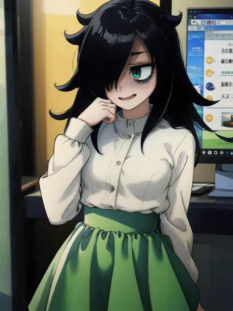 anime girl with long black hair and green skirt in front of a computer